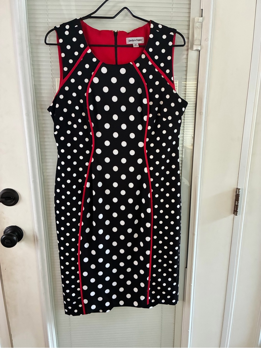 Shelby & Palmer Black and White Polka Dot Sheath Dress with Red Piping